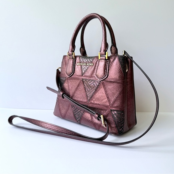Michael Kors Adele Crossbody in Merlot Burgundy Metallic Snakeskin Patchwork - Picture 4 of 16